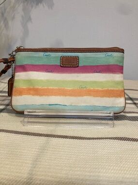 Coach Pastel Multicolor Stripe Canvas Wristlet with Leather Trim
